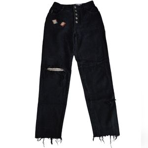 Vintage Bongo Size 9 Black Distressed Floral Patchwork High Rise Button Fly Jean